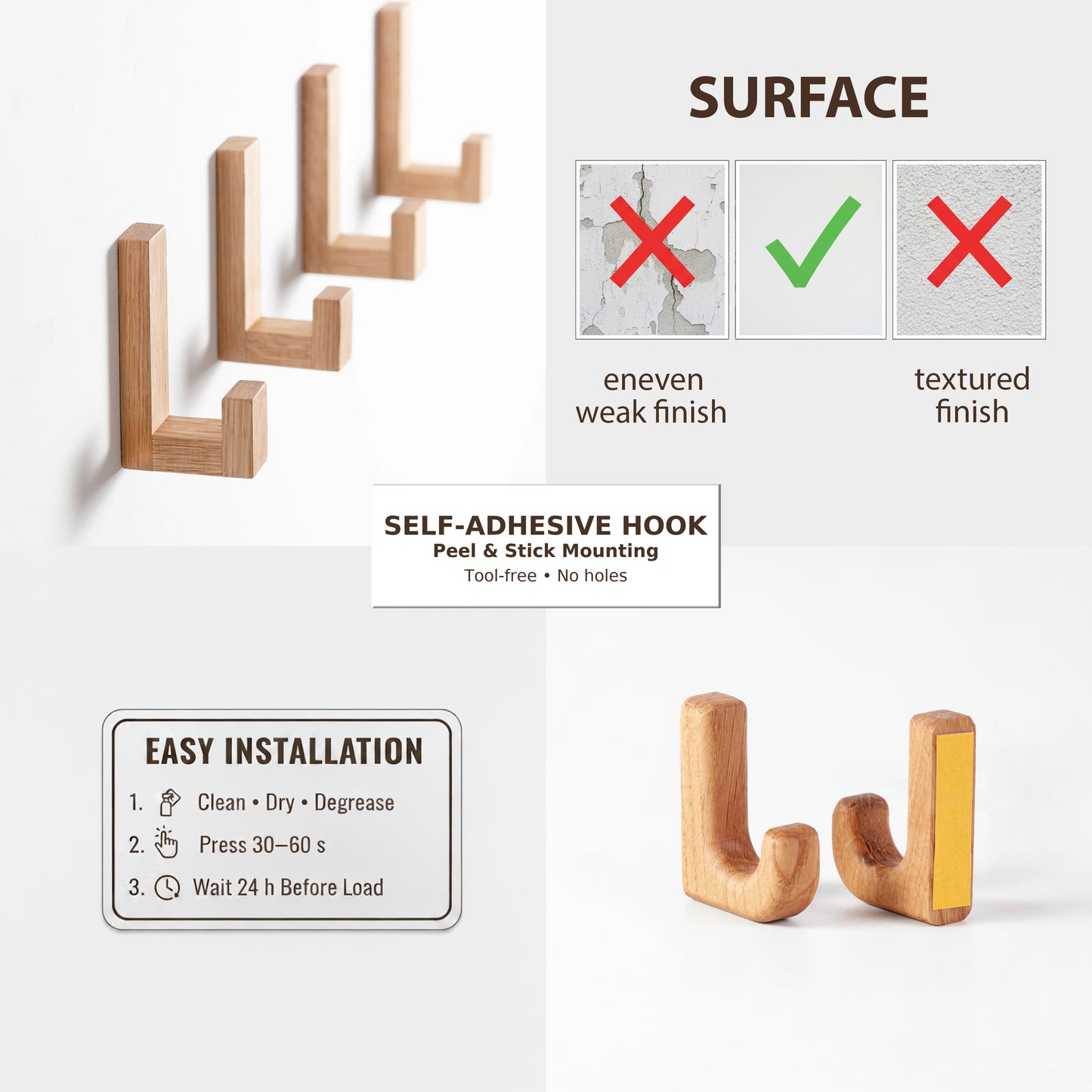 Self-adhesive hooks made of oak wood, Craman #SADH5