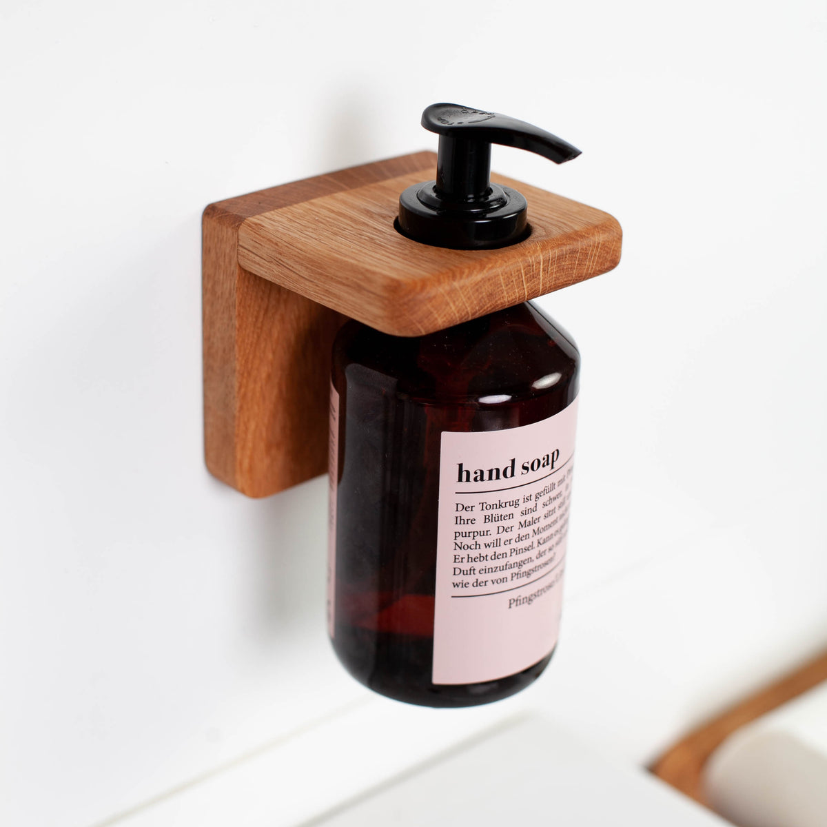 Wall-mounted oak soap dispenser holder