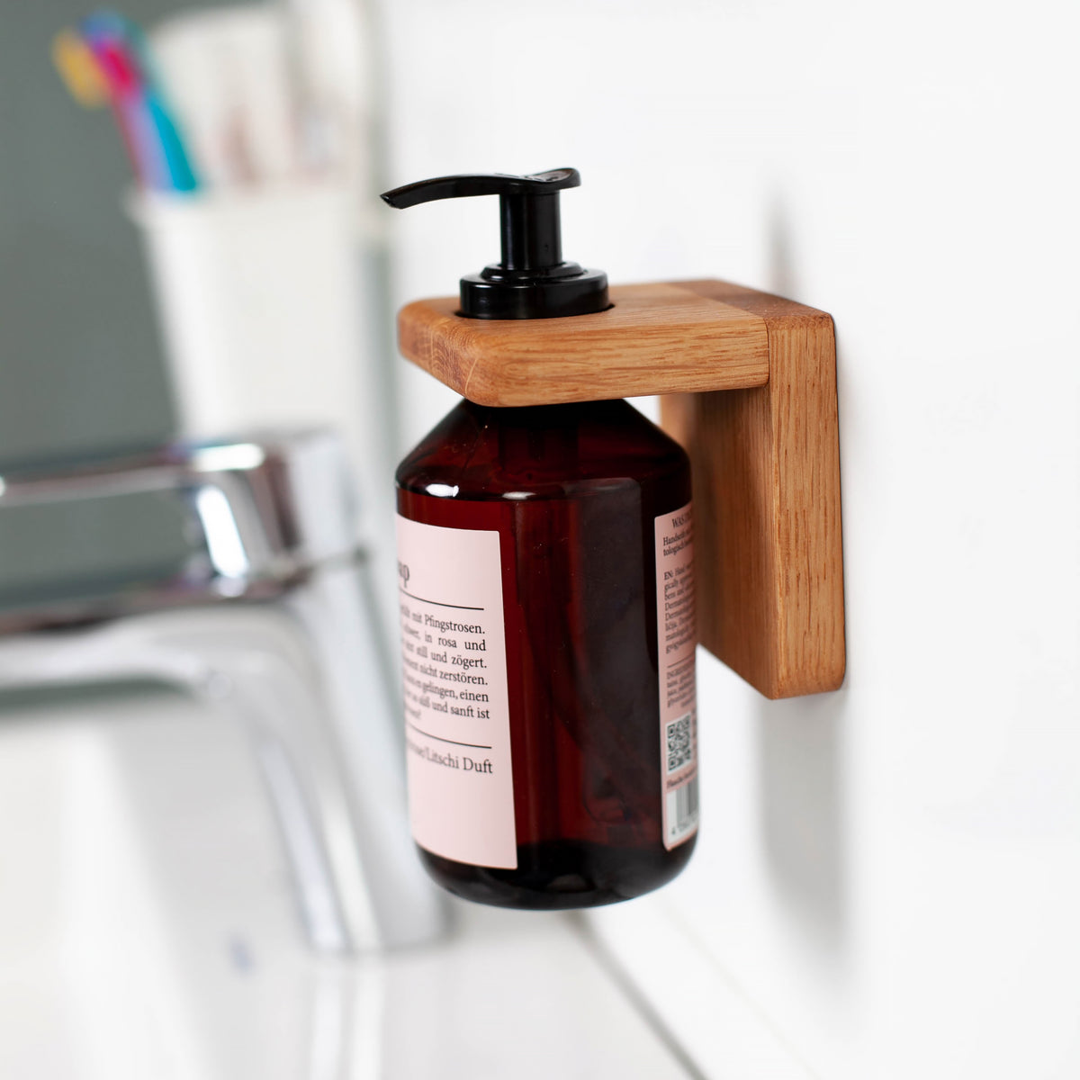 Wall-mounted oak soap dispenser holder