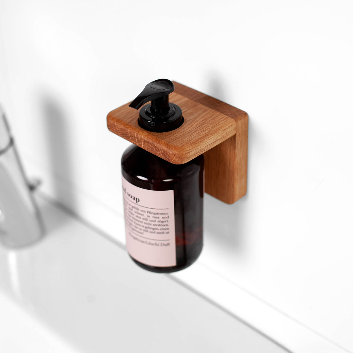 Wall-mounted oak soap dispenser holder