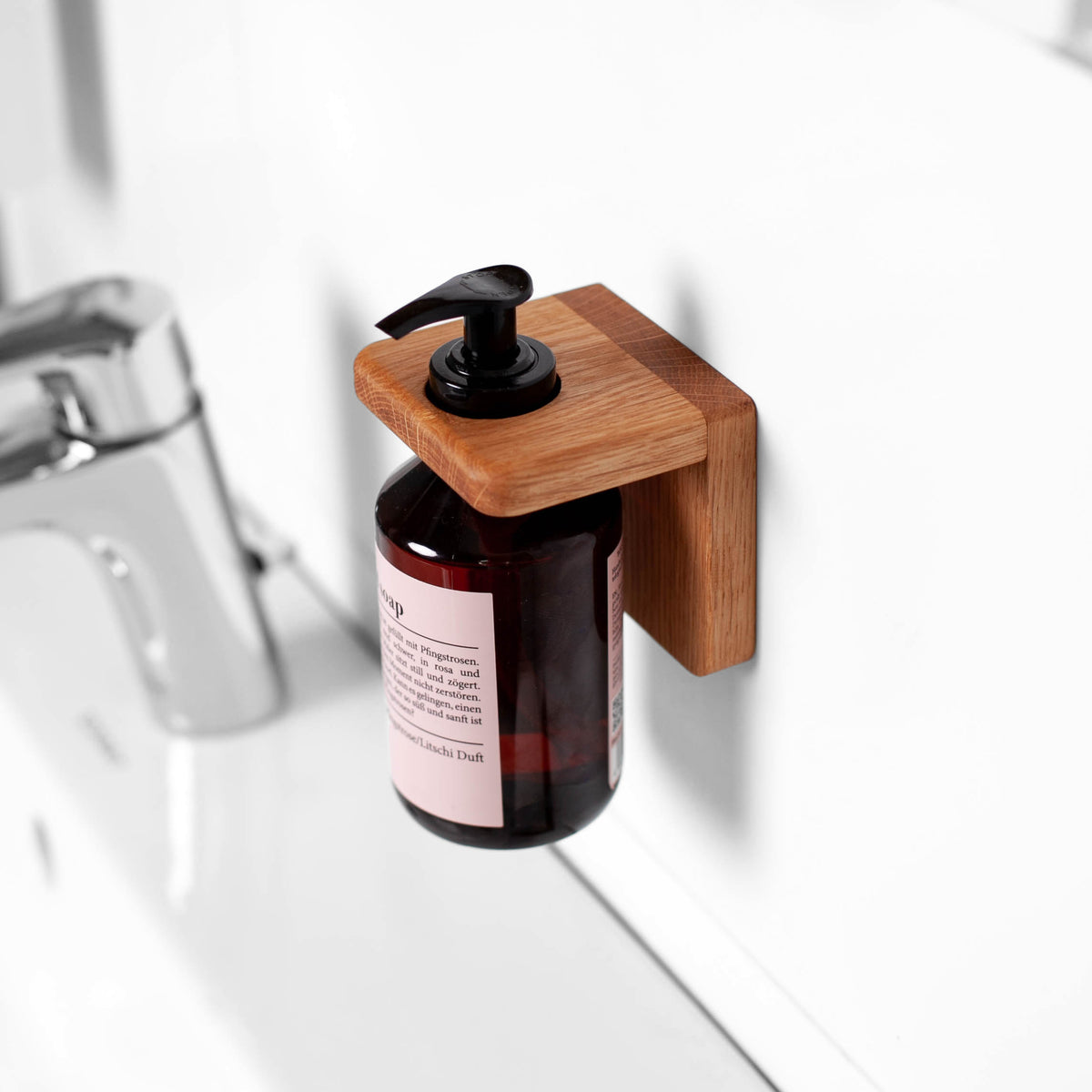 Wall-mounted oak soap dispenser holder