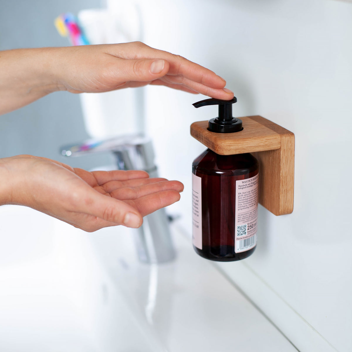 Wall-mounted oak soap dispenser holder