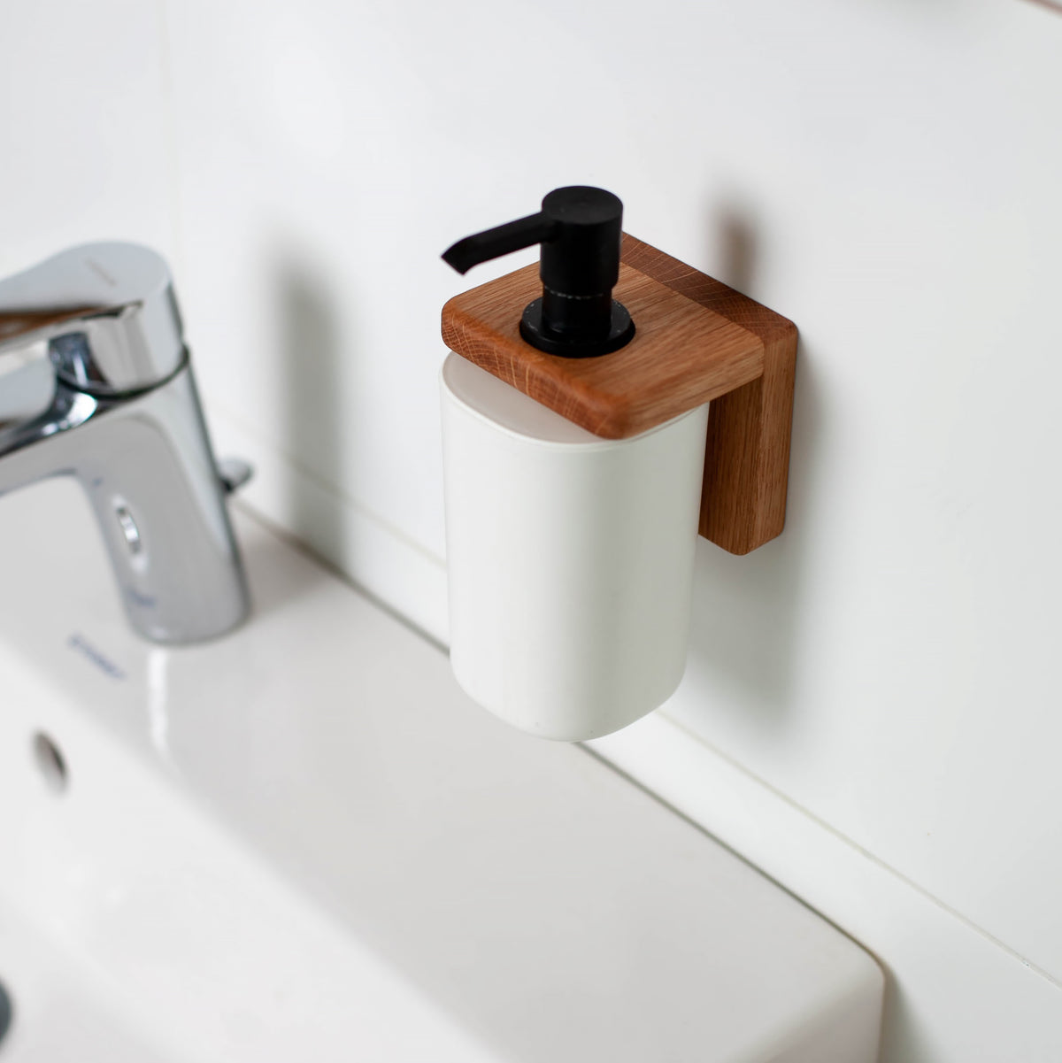 Wall-mounted oak soap dispenser holder