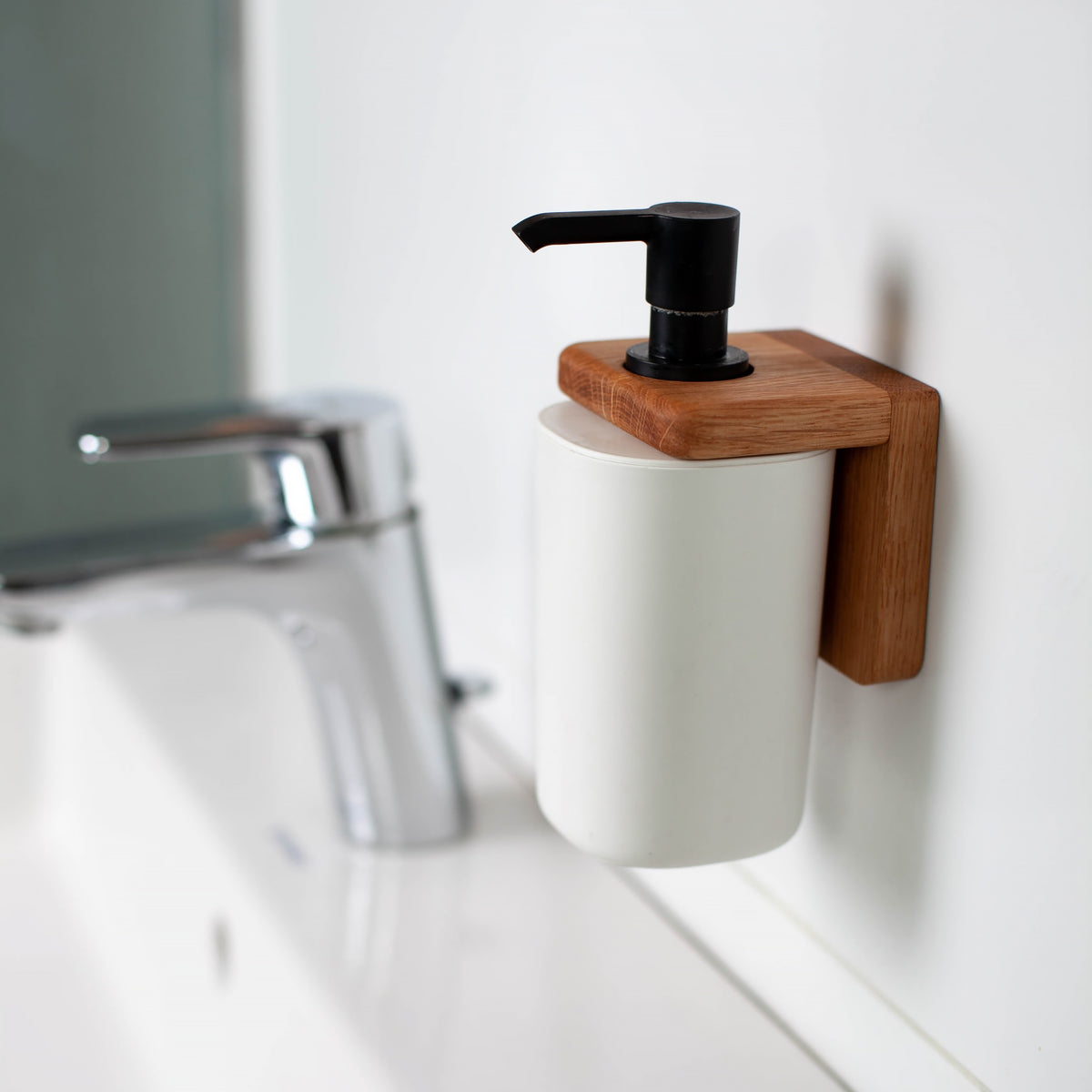 Wall-mounted oak soap dispenser holder