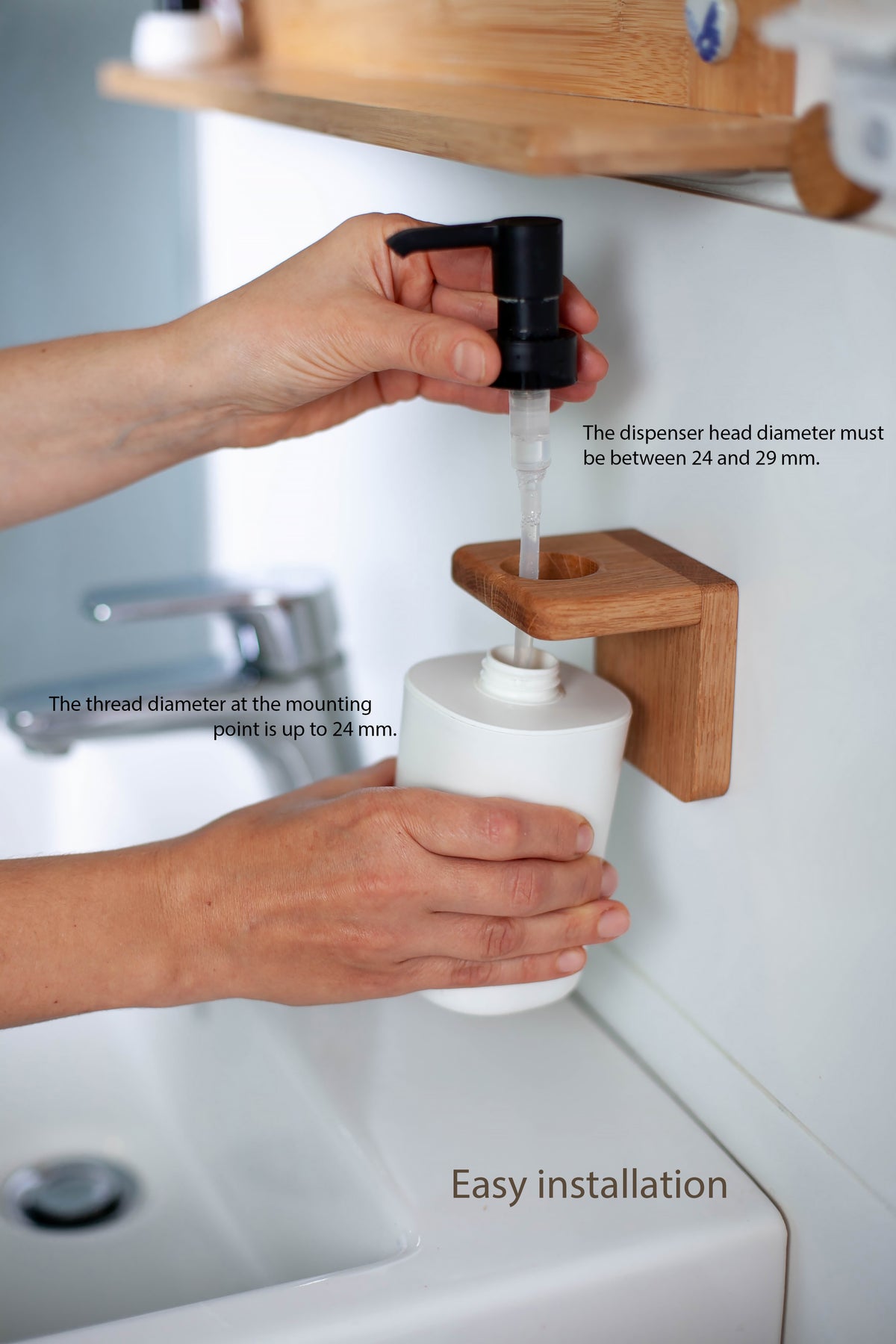 Wall-mounted oak soap dispenser holder
