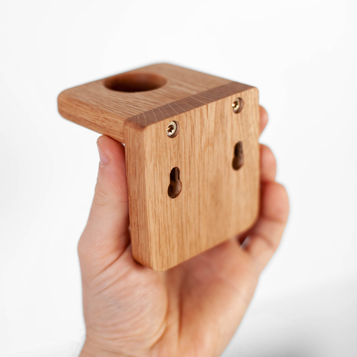 Wall-mounted oak soap dispenser holder