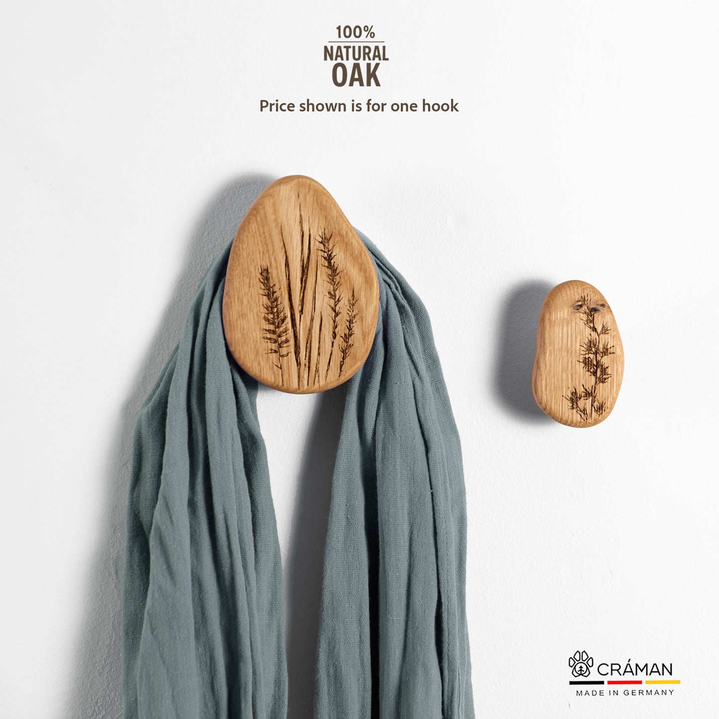 Wandhaken aus Holz für Wohndeko, Eichenhaken zur Organisation, Kleiderhaken, Garderobenhaken Craman Germany ART2