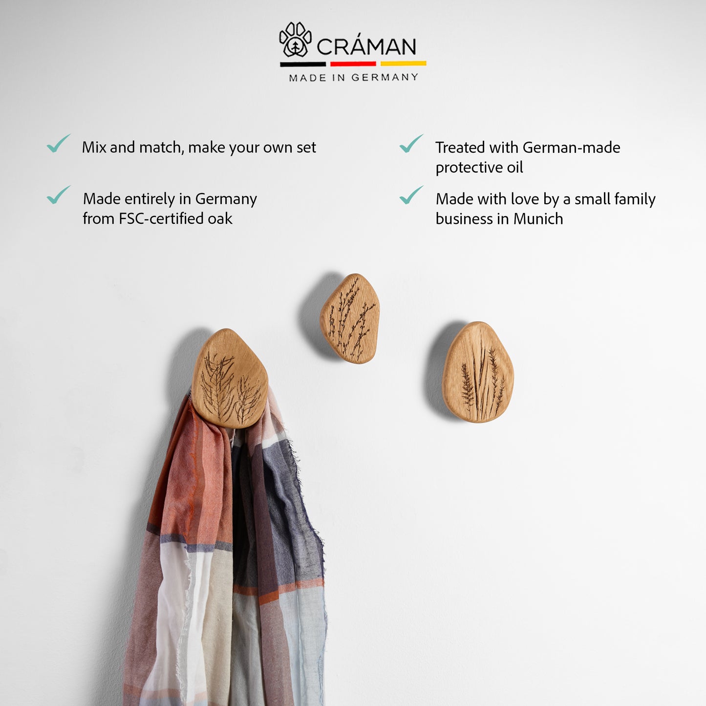 Wandhaken aus Holz für Wohndeko, Eichenhaken zur Organisation, Kleiderhaken, Garderobenhaken Craman Germany ART2