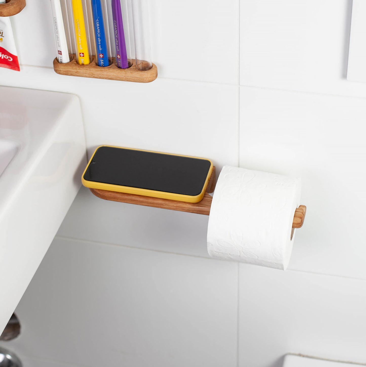 Toilettenpapierhalter aus Eiche – selbstklebend,mit Ablage, V2-big, ohne Bohren