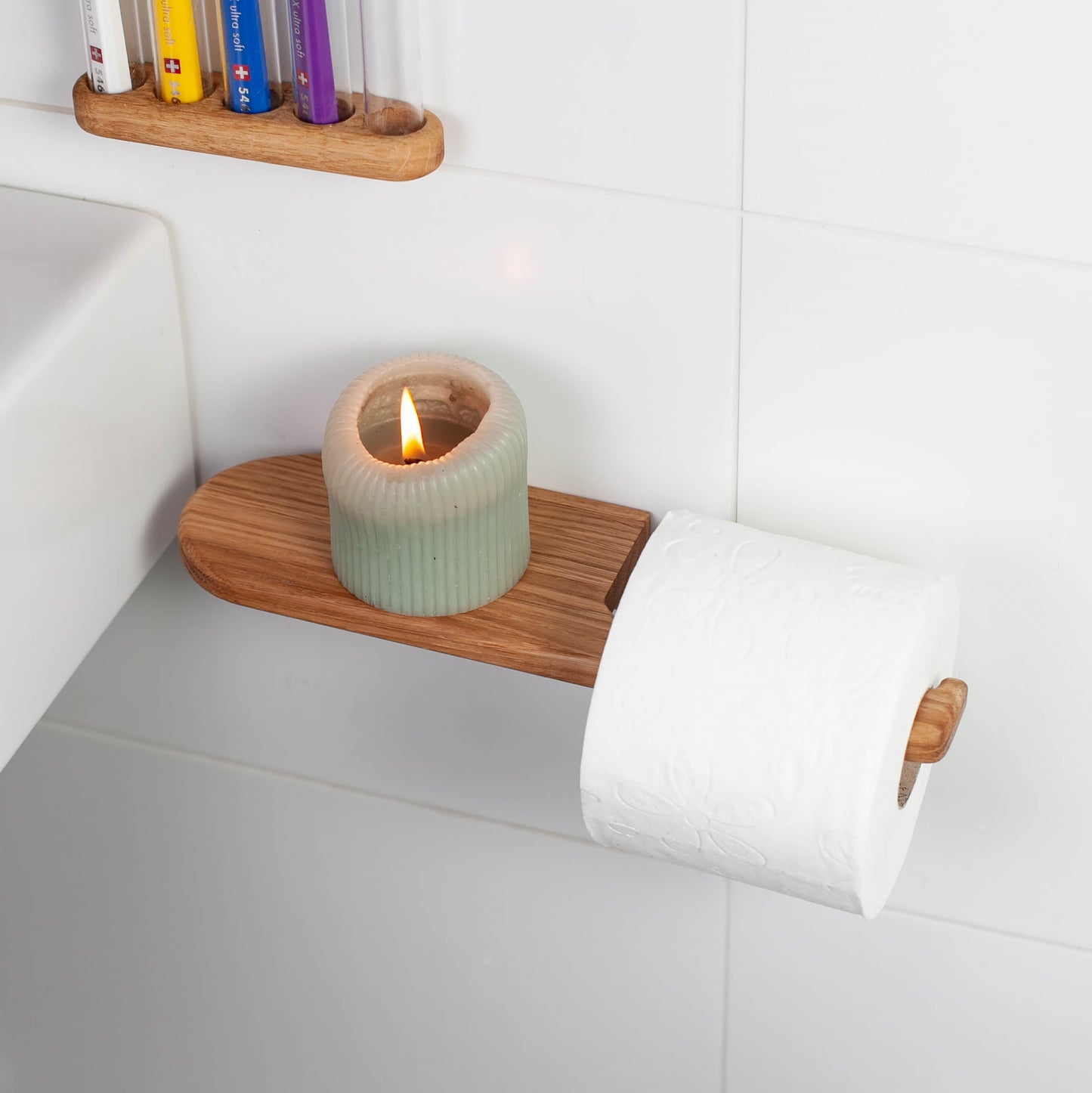 Toilettenpapierhalter aus Eiche – selbstklebend,mit Ablage, V2-big, ohne Bohren