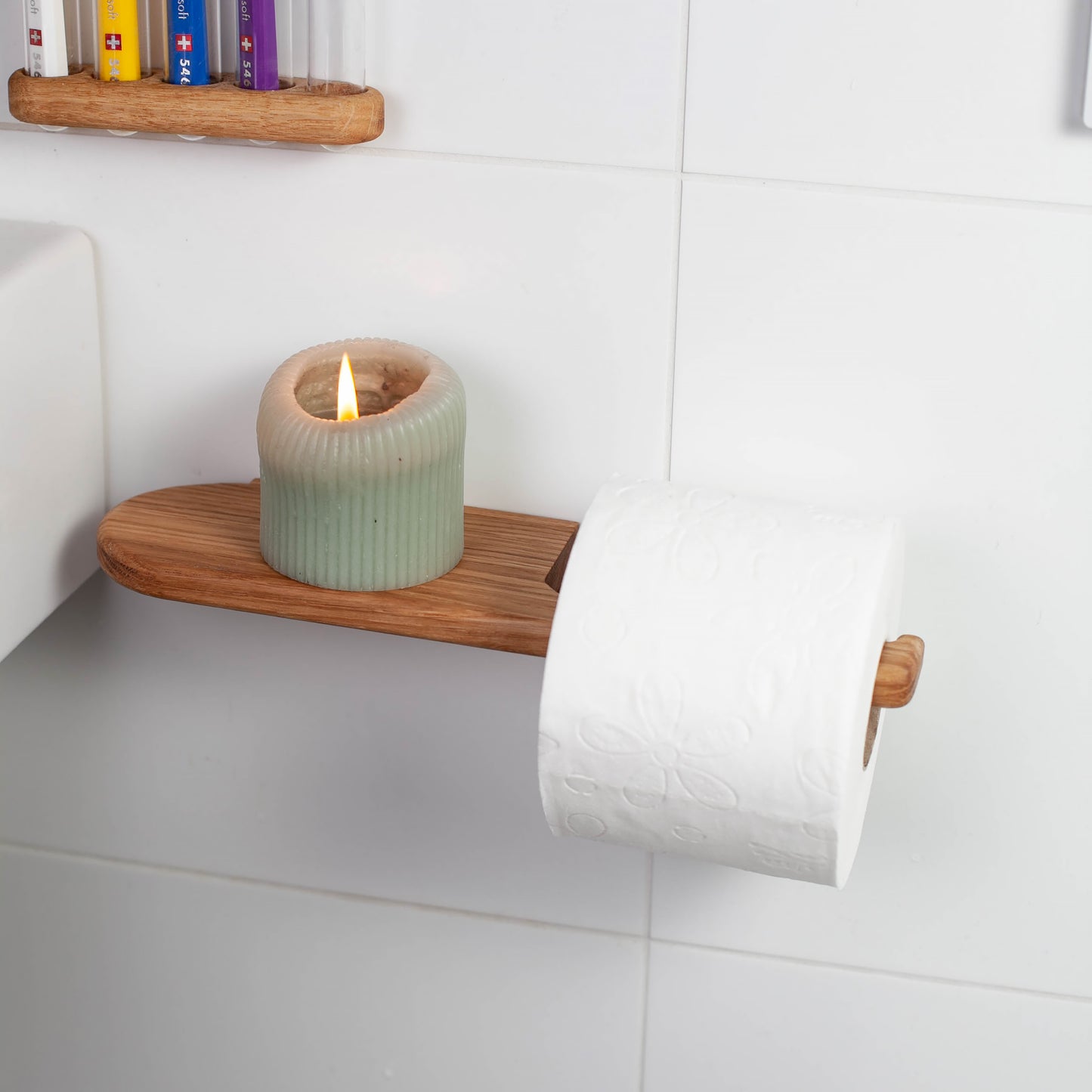 Toilettenpapierhalter aus Eiche – selbstklebend,mit Ablage, V2-big, ohne Bohren