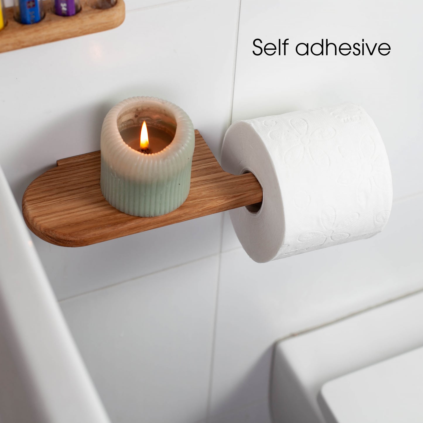 Toilettenpapierhalter aus Eiche – selbstklebend,mit Ablage, V2-big, ohne Bohren