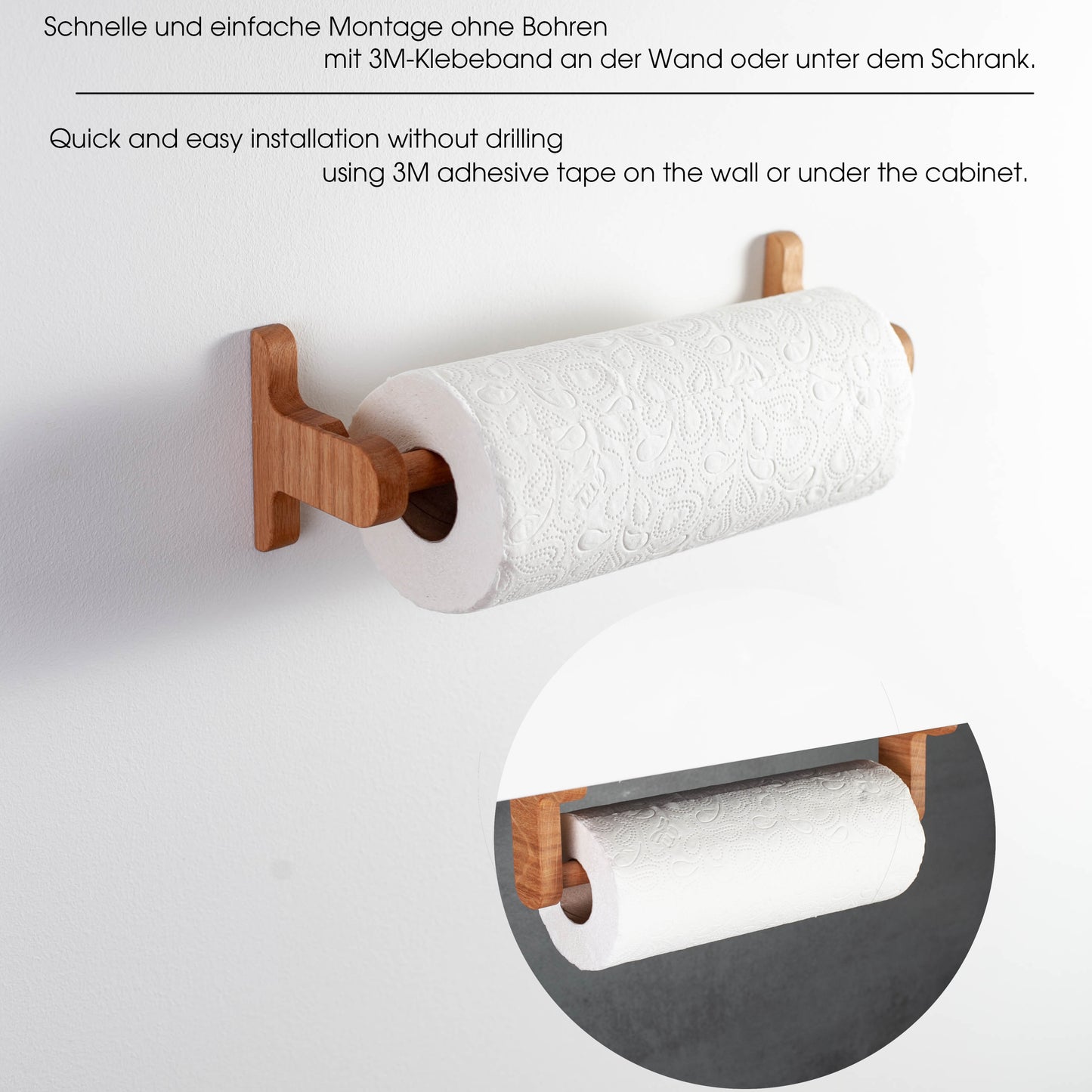 Selbstklebender Küchenrollenhalter aus Eiche – Montage ohne Bohren